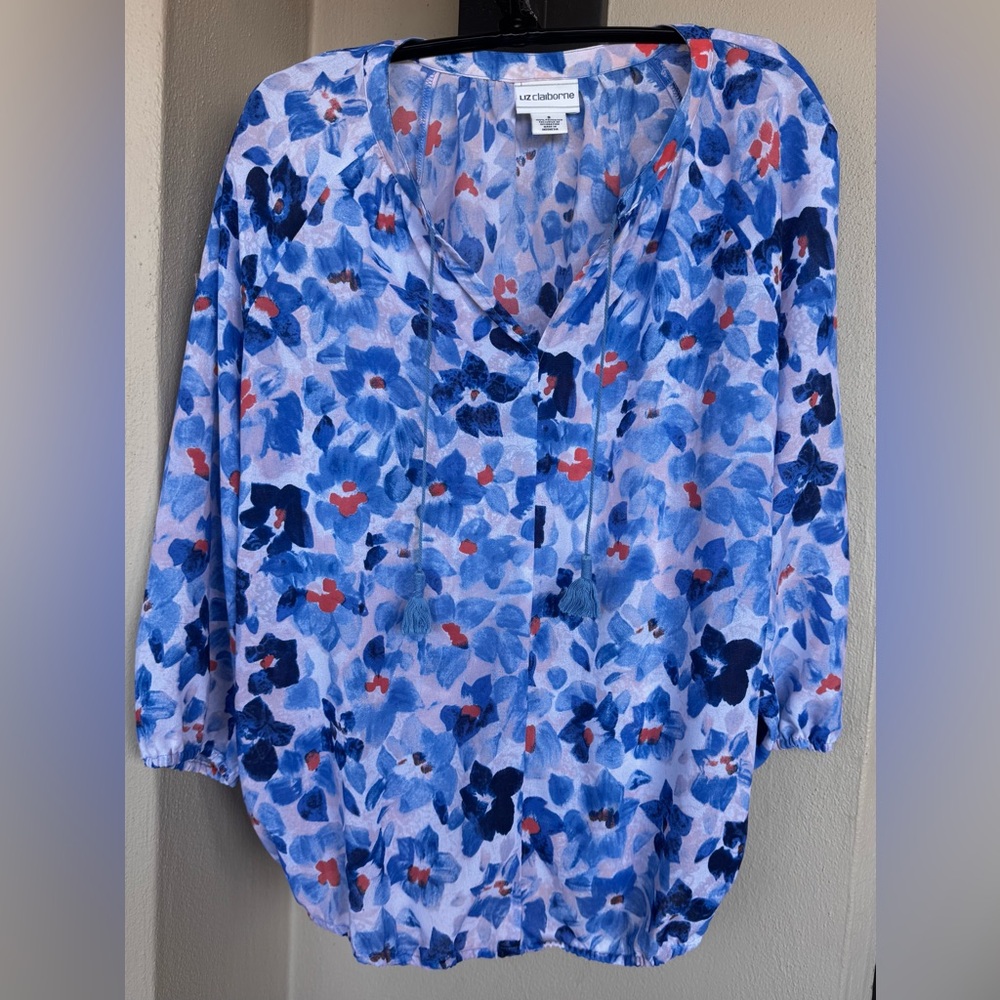 Liz Claiborne Semi-Sheer 3/4 Sleeve Blouse Blue Floral V-Neck with Tassel Tie S